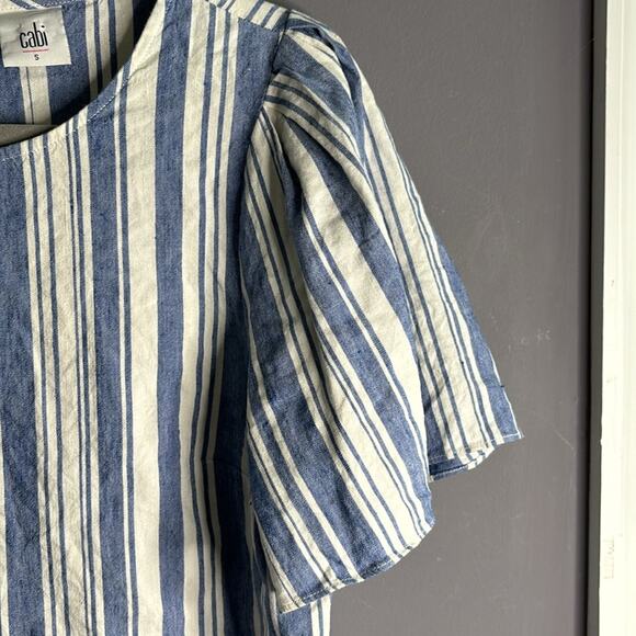 Cabi Blue and White Striped Short Puff Sleeve Blouse Small Cutout Size Small - Picture 4 of 9